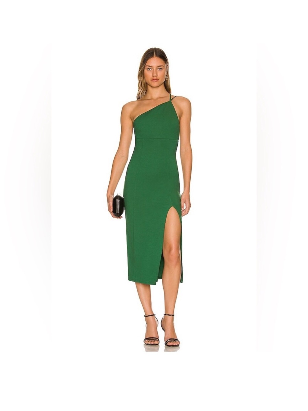 Lovers + Friends Kim Midi dress dark green One-Shoulder with Thigh Slit